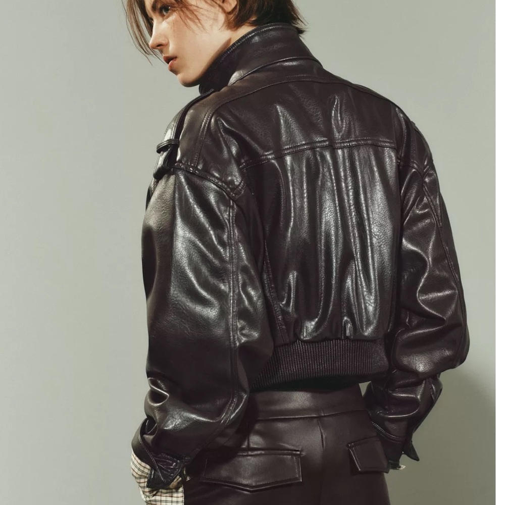 Zara Brown Vegan Leather Cropped Bomber Jacket xs - Picture 8 of 13